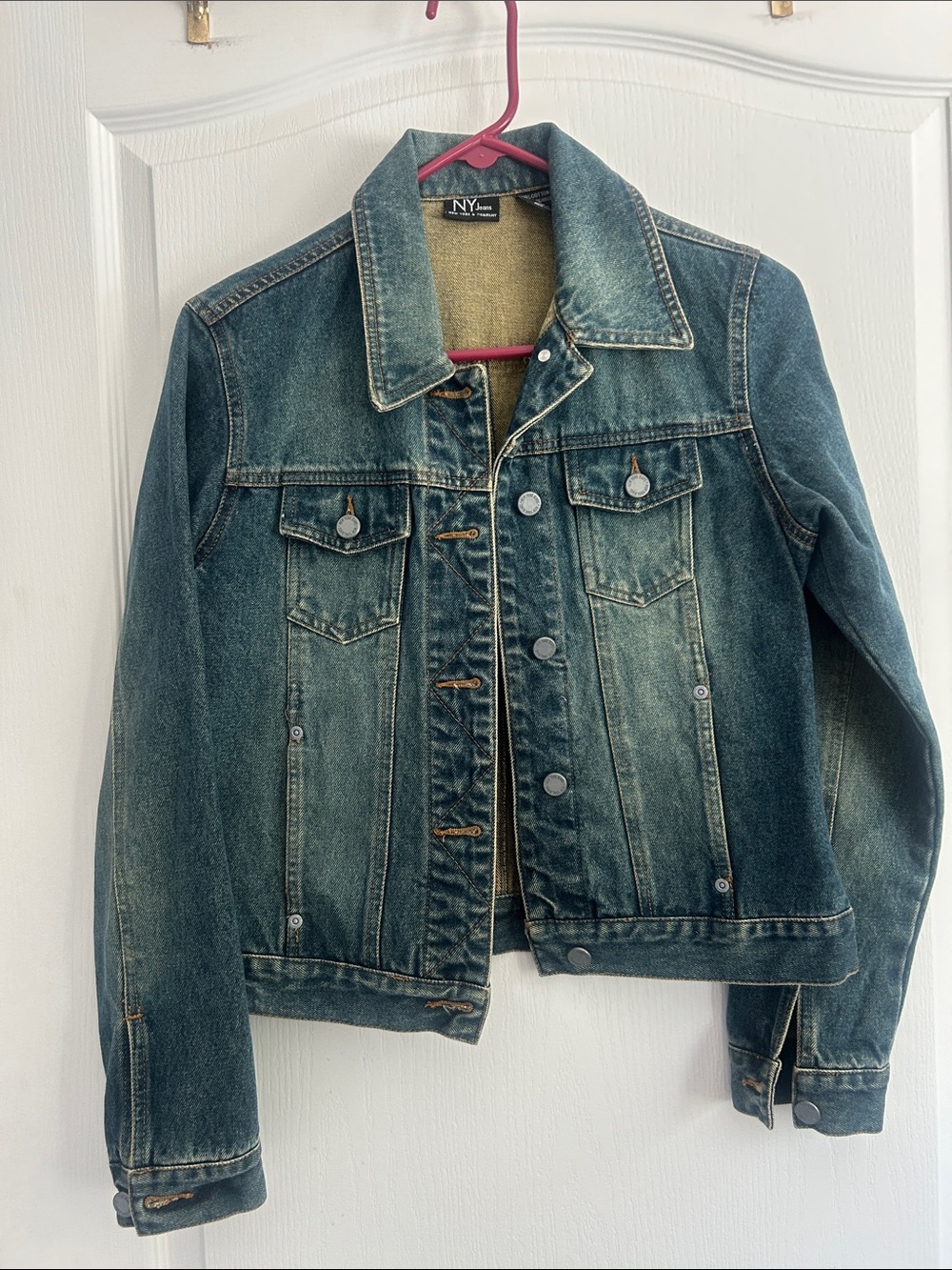 Vintage new York & Company Distressed Denim Jacket in Dark Blue Wash small
